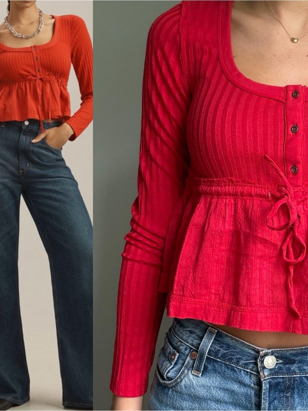 Anthropologie Pilcro Long-Sleeve Scoop-Neck Babydoll Top RED